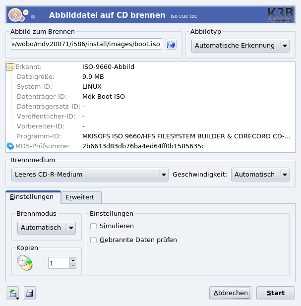 Optionen zum Brennen eines ISO-Abbilds
