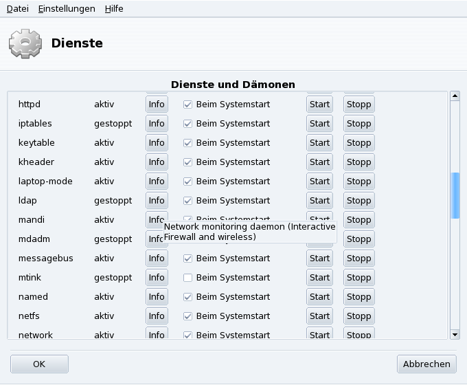 Auswahl der beim Systemstart zu startenden Dienste