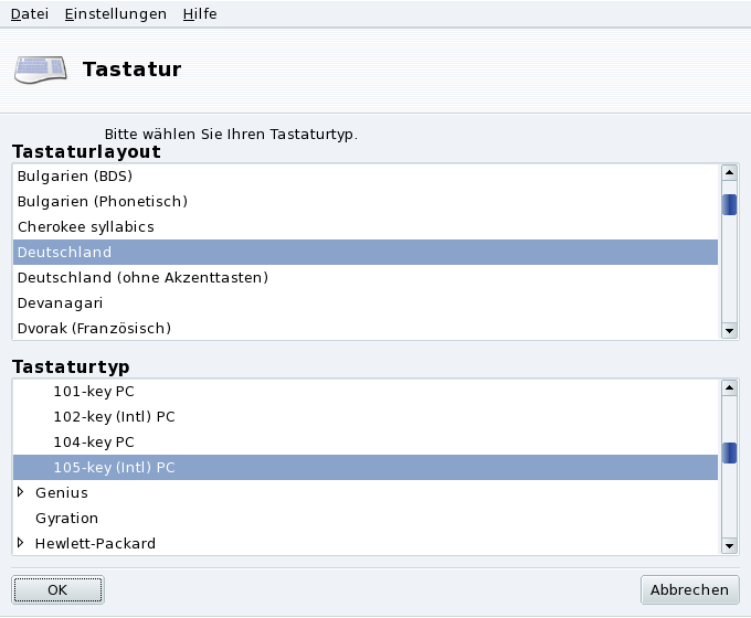 Auswahl eines anderen Tastaturlayouts