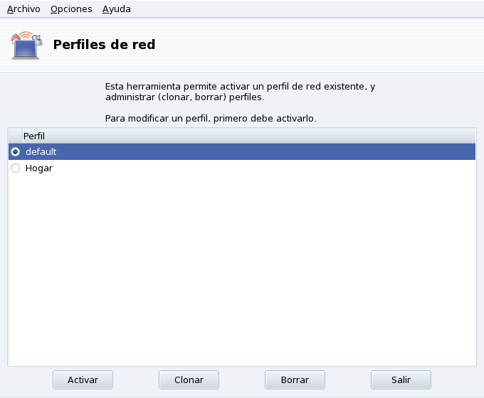 La interfaz de perfiles de red