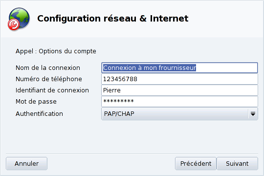 Saisie des paramètres de la connexion modem classique