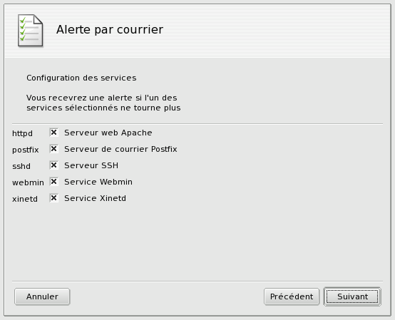 Paramétrage d'une alerte par courrier : les services