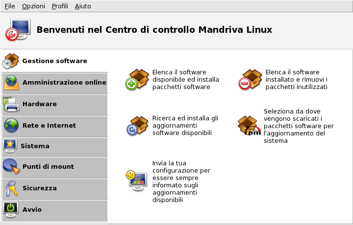 La finestra principale del Centro di controllo