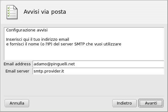 Configurazione di un avviso via email: destinatario