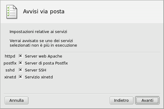 Configurazione di un avviso via email: servizi