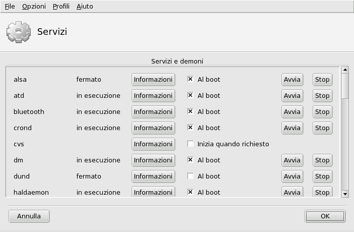 Scelta dei servizi disponibili all'avvio del sistema